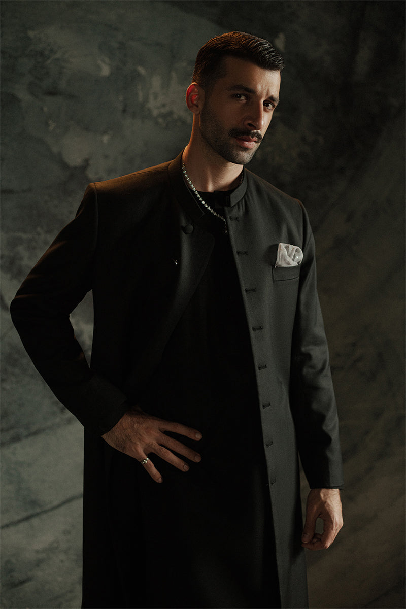 Luxury black sherwani for men with embroidered collar